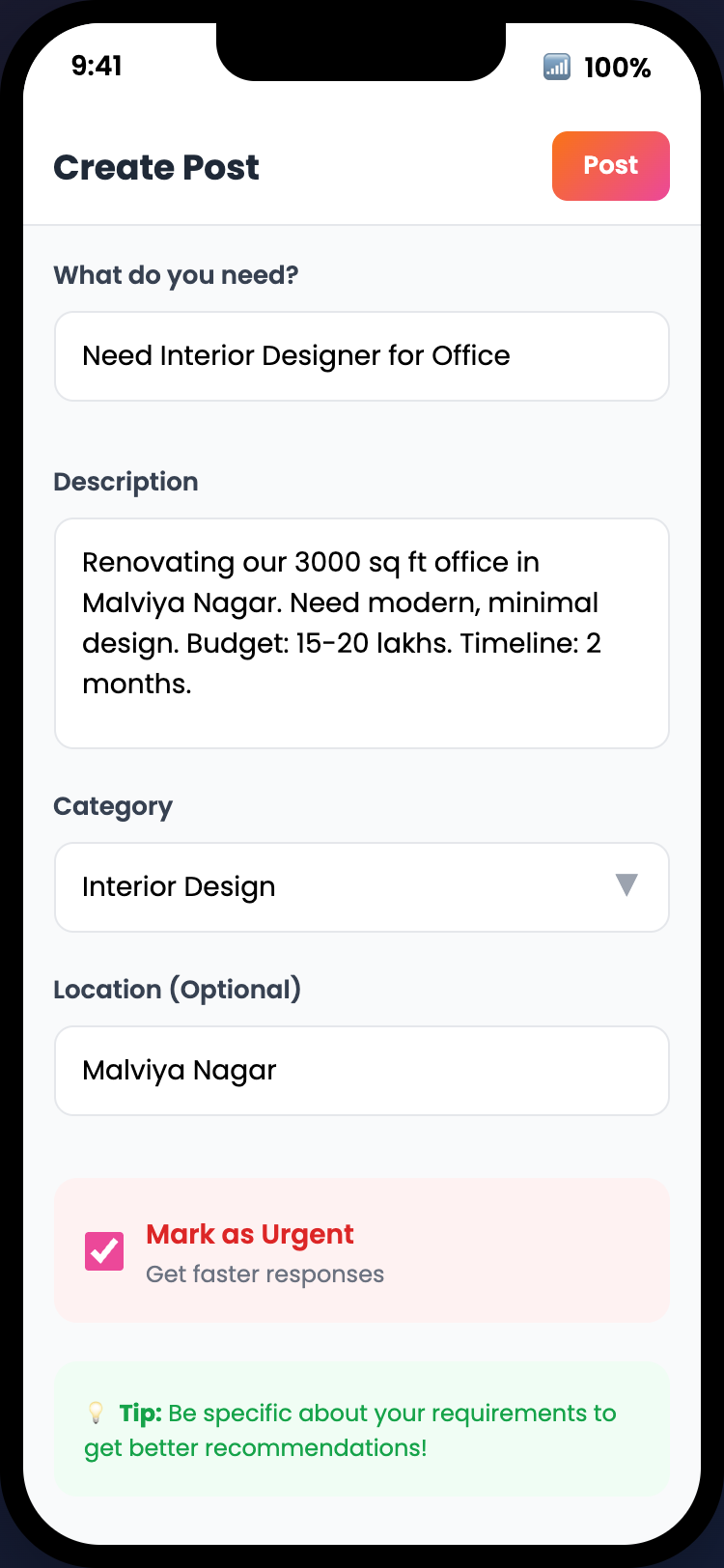 Step 1 - Create a post with title, description, category, and urgent flag